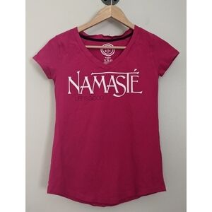 Life is Good Namaste Pink Curved Hem T-shirt